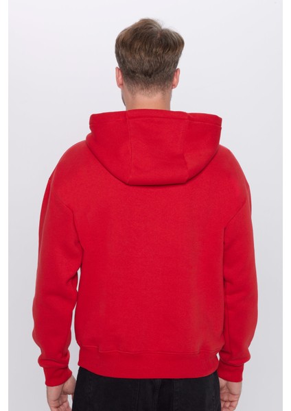 Unisex Oversize Geniş Kesim Pamuklu Yumuşak Dokulu Içi Polarlı Basic Kırmızı Kapüşonlu Sweatshirt indirimleri