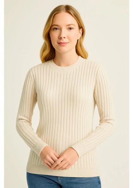 Bisiklet Yuvarlak Yaka Triko Kazak Pamuklu Kalın Fitilli Dokuma, Regular Fit Uzun Kollu Kışlık M