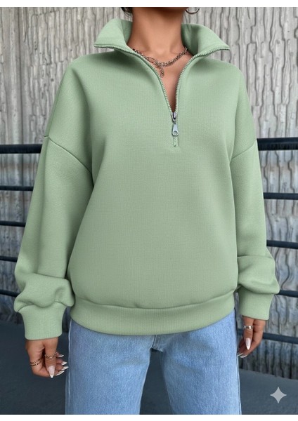 3 Iplik Şardonlu Yarım Fermuarlı Sweatshirt Mint