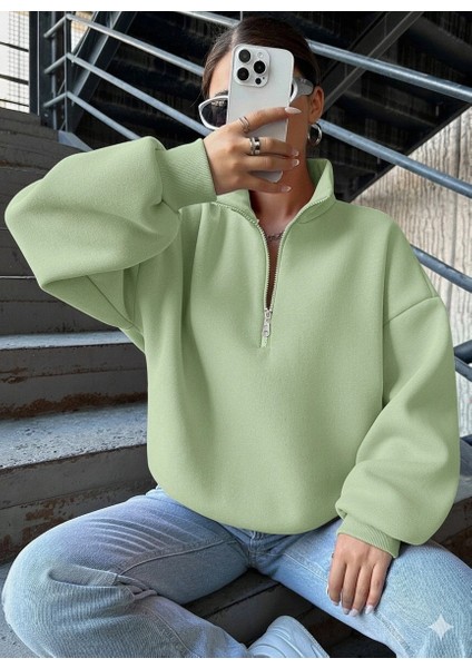 3 Iplik Şardonlu Yarım Fermuarlı Sweatshirt Mint fiyatları