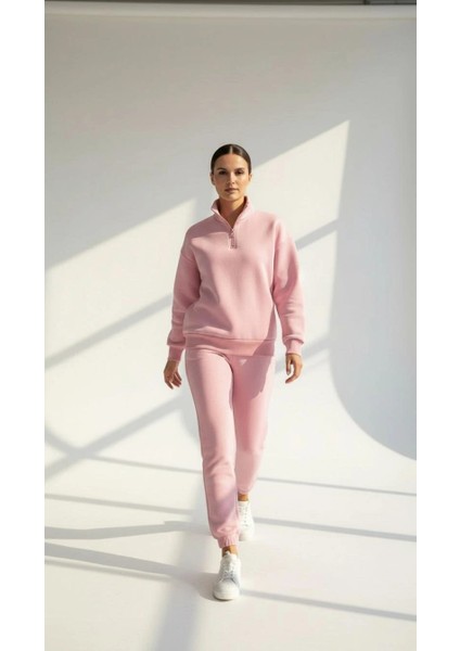 3 Iplik Şardonlu Yarım Fermuarlı Sweatshirt Somon fiyatları