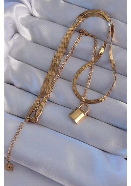316L Çelik Gold Renk Çift Zincir Kilit Model Kolye fiyatları