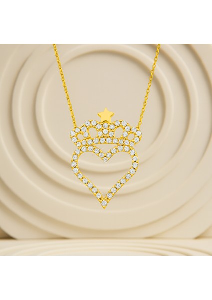 14 Ayar Altın Taç ve Yıldız Detaylı Kalp Kolye fırsatları