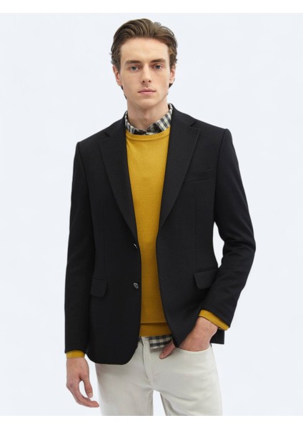 Siyah Düz Modern Fit Yün Karışımlı Ceket
