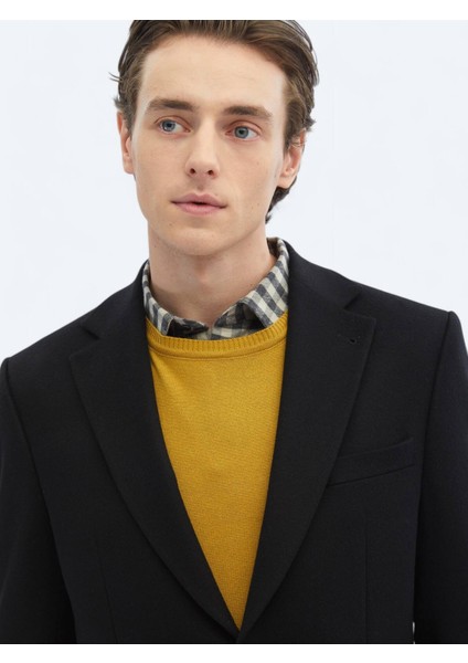 Siyah Düz Modern Fit Yün Karışımlı Ceket