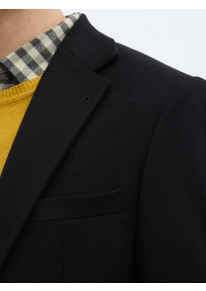 Siyah Düz Modern Fit Yün Karışımlı Ceket