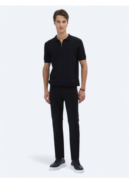 Siyah Polo Yaka Düz Örgü Triko