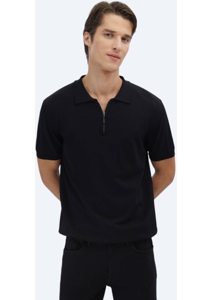 Siyah Polo Yaka Düz Örgü Triko