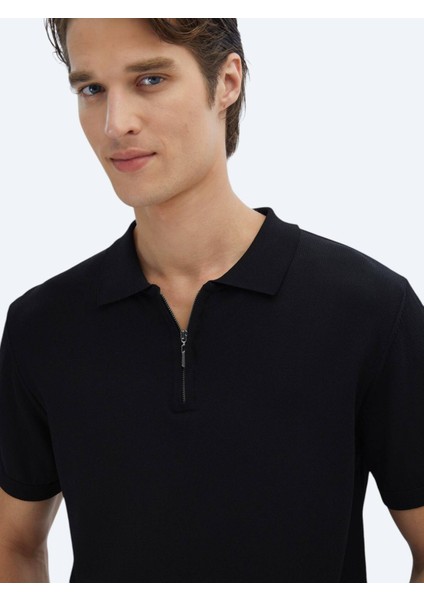 Siyah Polo Yaka Düz Örgü Triko