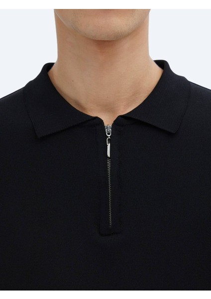 Siyah Polo Yaka Düz Örgü Triko