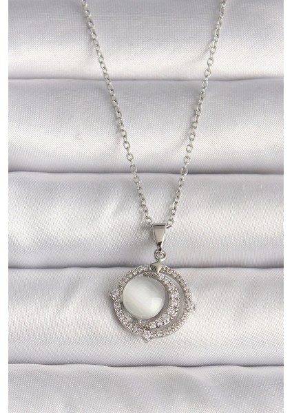 316L Çelik Gümüş Renk Zirkon Taşlı Beyaz Sedefli Hilal Model Kadın Kolye