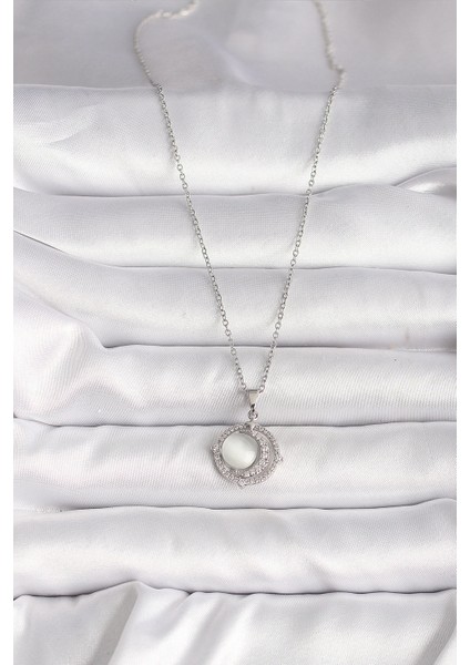 316L Çelik Gümüş Renk Zirkon Taşlı Beyaz Sedefli Hilal Model Kadın Kolye fiyatları