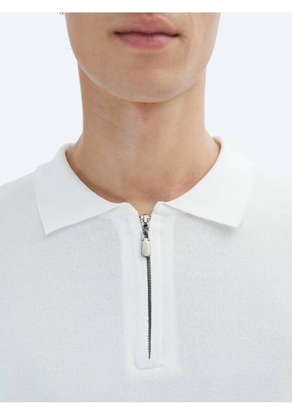 Kırık Beyaz Polo Yaka Düz Örgü Triko