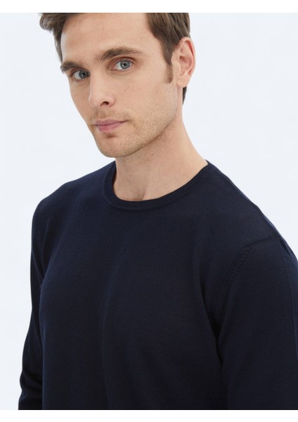 Lacivert Bisiklet Yaka Düz Örgü Yün Karışımlı Triko Kazak