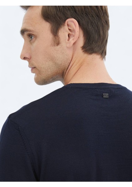 Lacivert Bisiklet Yaka Düz Örgü Yün Karışımlı Triko Kazak