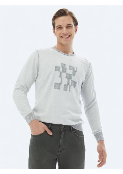 Gri Bisiklet Yaka Desenli Pamuk Karışımlı Triko Kazak