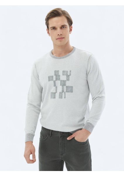 Gri Bisiklet Yaka Desenli Pamuk Karışımlı Triko Kazak