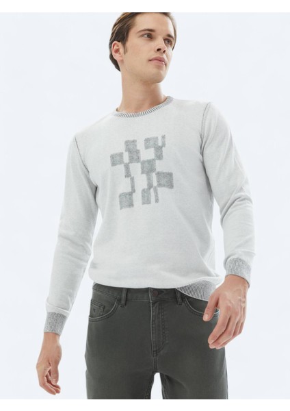 Gri Bisiklet Yaka Desenli Pamuk Karışımlı Triko Kazak