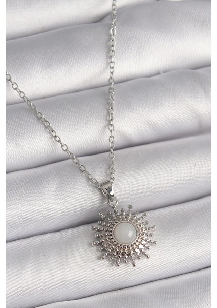 316L Çelik Gümüş Renk Zincir Beyaz Mineli Güneş Model Kadın Kolye