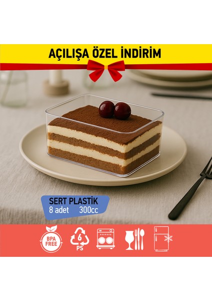 Bizdengelsin 8’li Tiramisu Kapaklı Tatlı Kase Dikdörtgen, Mika Sert Plastik Şeffaf 300CC Tatlı Meze Salata Çerez Dondurma