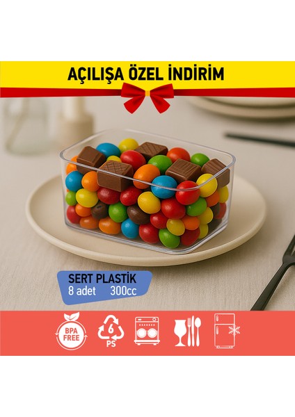 Bizdengelsin 8’li Tiramisu Kapaklı Tatlı Kase Dikdörtgen, Mika Sert Plastik Şeffaf 300CC Tatlı Meze Salata Çerez Dondurma modelleri