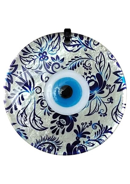 Nazar Boncuklu Yaprak Desenli Gümüş Rengi Füzyon Cam El Yapımı 12 cm Duvar Süsü Nazarlık Hediyelik Eşya