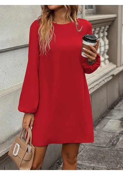 Kadın Uzun Kollu Yuvarlak Yaka Mini Ithal Krep Elbise