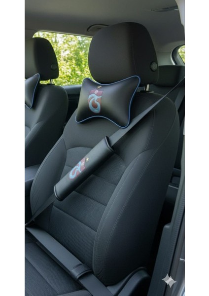 Trabzonspor Logolu Lüks Deri Oto Boyun Yastığı ve Emniyet Kemeri Kılıfı Seti (2'li Takım)