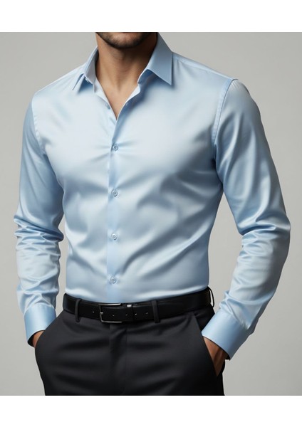 Dar Kesim Slimfit Saten Mevsimlik Cepsiz Uzun Kollu Kol Düğmesi Takılabilen Erkek Gömlek