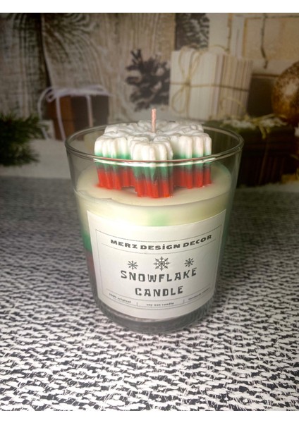 Cam Bardakta Yılbaşı Yeni Yıl Renkleri Kar Tanesi Temalı %100 Doğal Soya Wax Vegan Mum