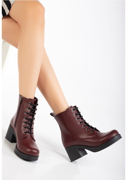 ZRİN-3025 Premium Bordo Bağcıklı Fermuarlı Kalın Topuklu Günlük Kadın Bot fiyatları