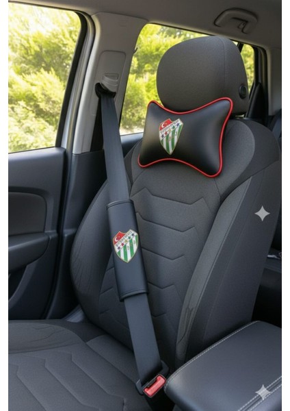 Bursaspor Logolu Kırmızı Şeritli Deri Oto Boyun Yastığı ve Emniyet Kemeri Kılıfı Seti (2'li Takım)