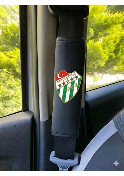 Bursaspor Logolu Kırmızı Şeritli Deri Oto Boyun Yastığı ve Emniyet Kemeri Kılıfı Seti (2'li Takım)