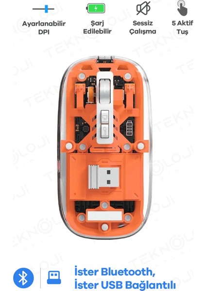 Bluetooth USB Çift Modlu Sessiz Mouse, Şeffaf Mıknatıslı Kapaklı, Type-C Şarjlı, Dpı Ayarl