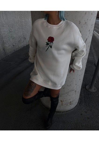 Oversize Üç Iplik Bisiklet Yaka Baskılı Sweatshirt - Beyaz fiyatları