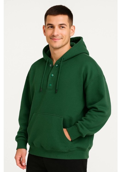 Erkek Ovarsize Kapüşonlu Swetshirt Kanguru Çepli Cıtcıtlı 3 Iplik Şardonlu Hoodie - Haki