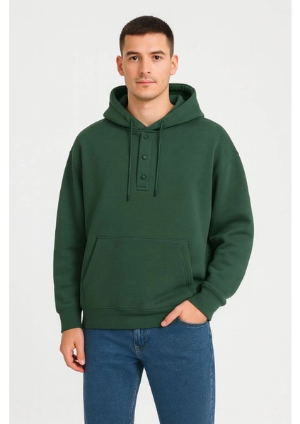 Erkek Ovarsize Kapüşonlu Swetshirt Kanguru Çepli Cıtcıtlı 3 Iplik Şardonlu Hoodie - Haki modelleri