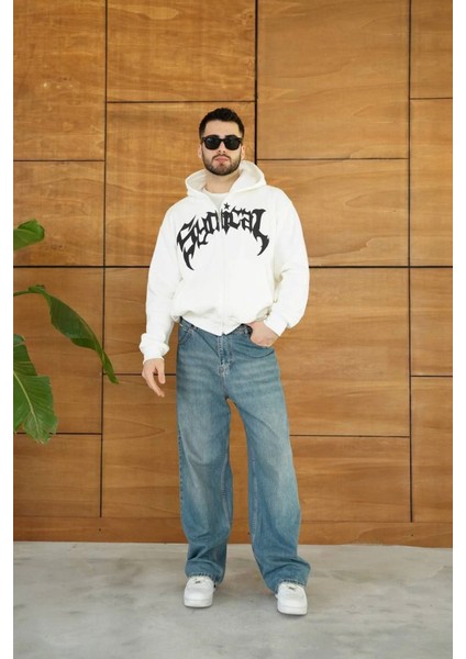 Erkek Kapüşonlu Sweatshirt Hoodie 3 Iplik Şardonlu Pamuklu Kumaş, Önü Baskılı, Fermuarlı R fırsatları