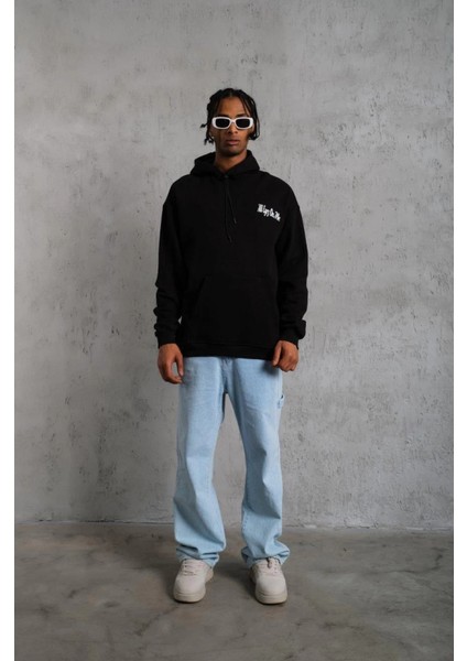 Erkek Oversize Üç Iplik Kapüşonlu Sweat – Siyah Kol ve Etek Ribana Detaylı, Ön ve Sırt Bas fırsatları