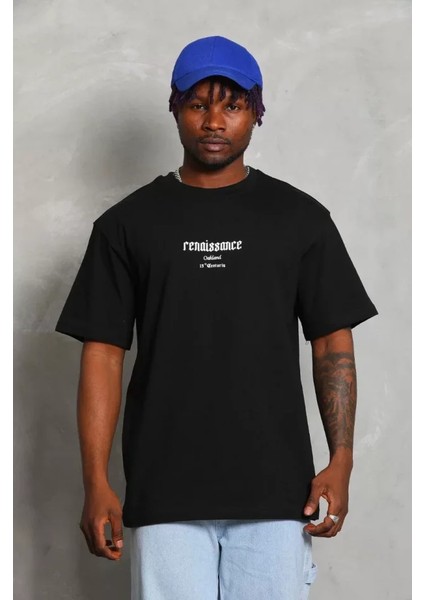 Unisex Oversize Baskılı Bisiklet Yaka T-Shirt - Siyah fiyatları