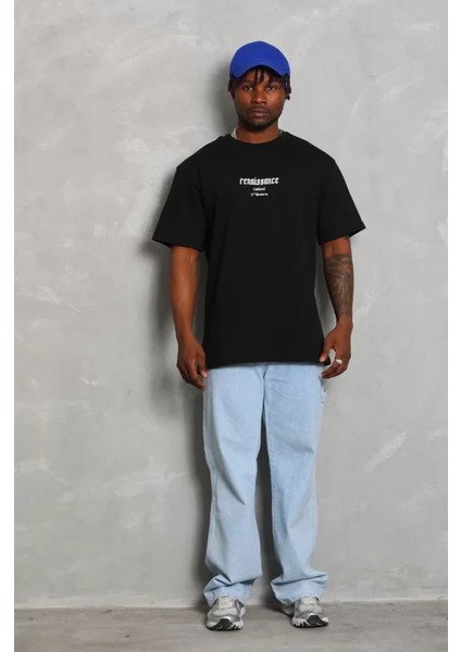 Unisex Oversize Baskılı Bisiklet Yaka T-Shirt - Siyah modelleri