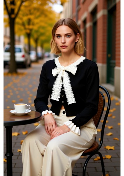 Kadın Dantel Detaylı Bağlamalı Yaka Crop Kesim Triko Hırka Günlük ve Özel Anlar Şık Bir Dokunuş fiyatları