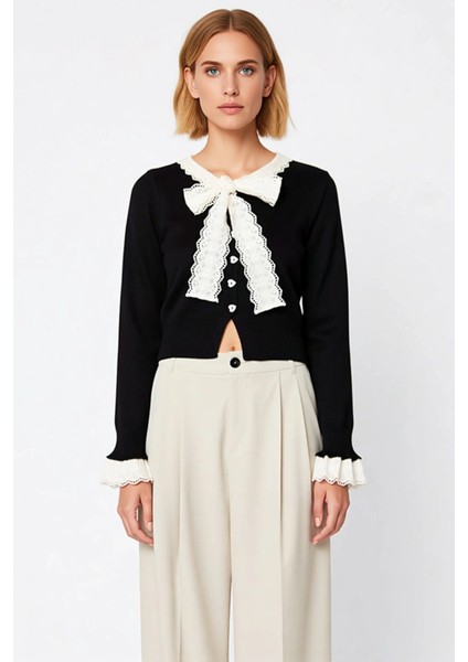 Kadın Dantel Detaylı Bağlamalı Yaka Crop Kesim Triko Hırka Günlük ve Özel Anlar Şık Bir Dokunuş fırsatları