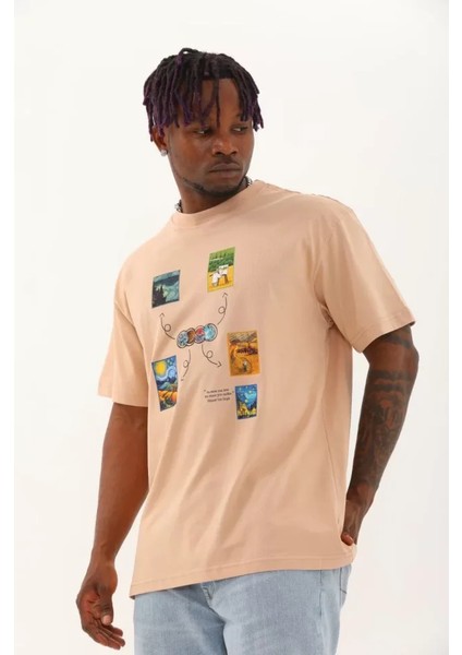 Unisex Oversize Baskılı Bisiklet Yaka T-Shirt - Bej