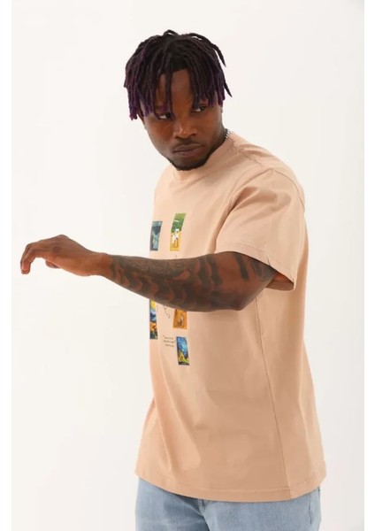Unisex Oversize Baskılı Bisiklet Yaka T-Shirt - Bej fiyatları