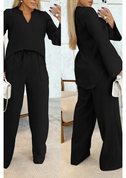 Kadın Uzun Kollu V Yakalı Keten Bluz Bağcıklı Pantolon Ikili Takım fiyatları