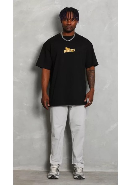 Unisex Bisiklet Yaka Baskılı Oversize T-Shirt - Siyah