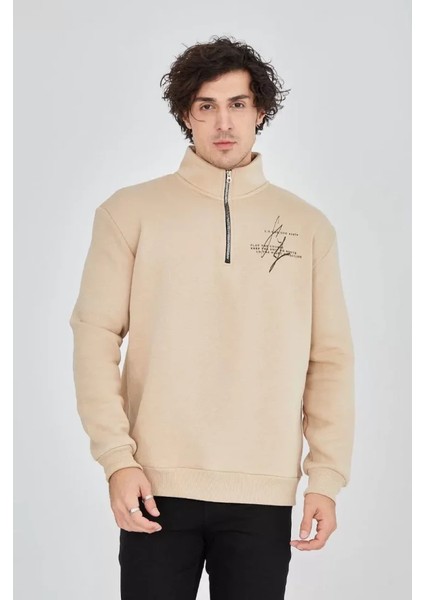 Erkek Yarım Fermuarlı Baskılı Sweat - Bej fiyatları