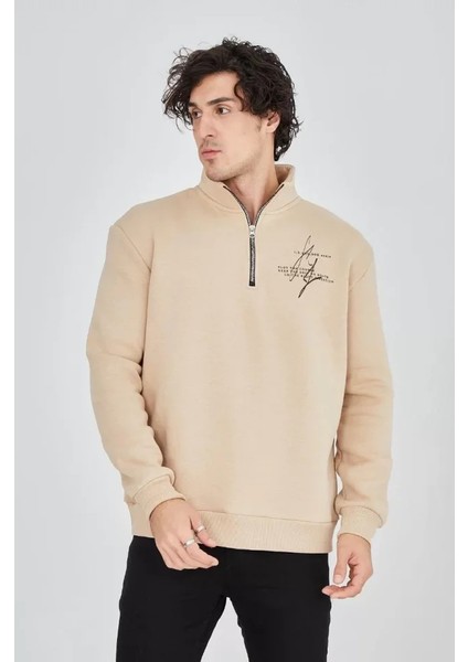 Erkek Yarım Fermuarlı Baskılı Sweat - Bej modelleri