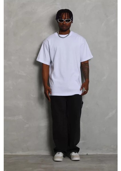 Unisex Oversize Düz Bisiklet Yaka T-Shirt - Beyaz fırsatları